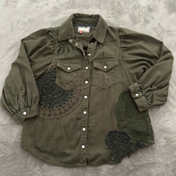 Pilcro Tops - Pilcro Anthropologie Olive Green Eyelet Lace Button Down Shirt XS Blouse